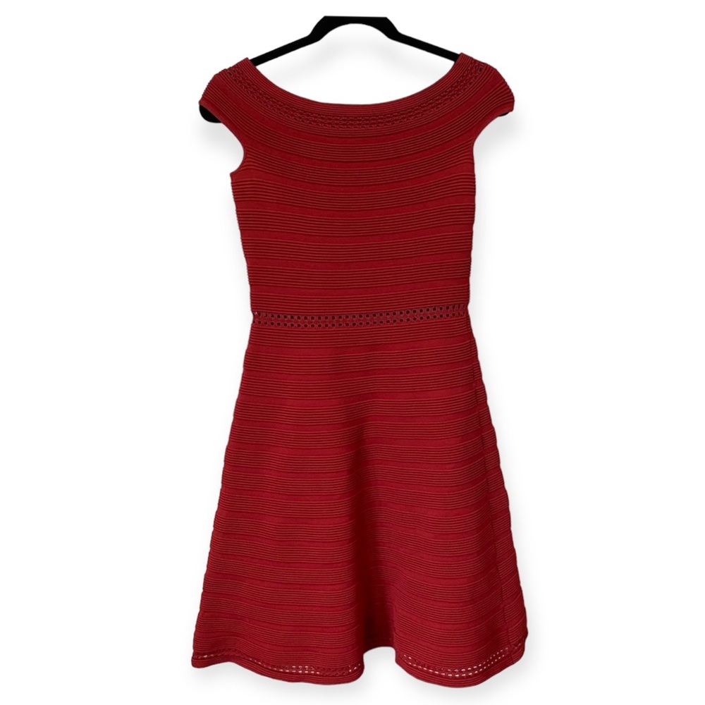Sandro Off Shoulder Ribbed Fit and Flare Stretch Dress Red Size 2
